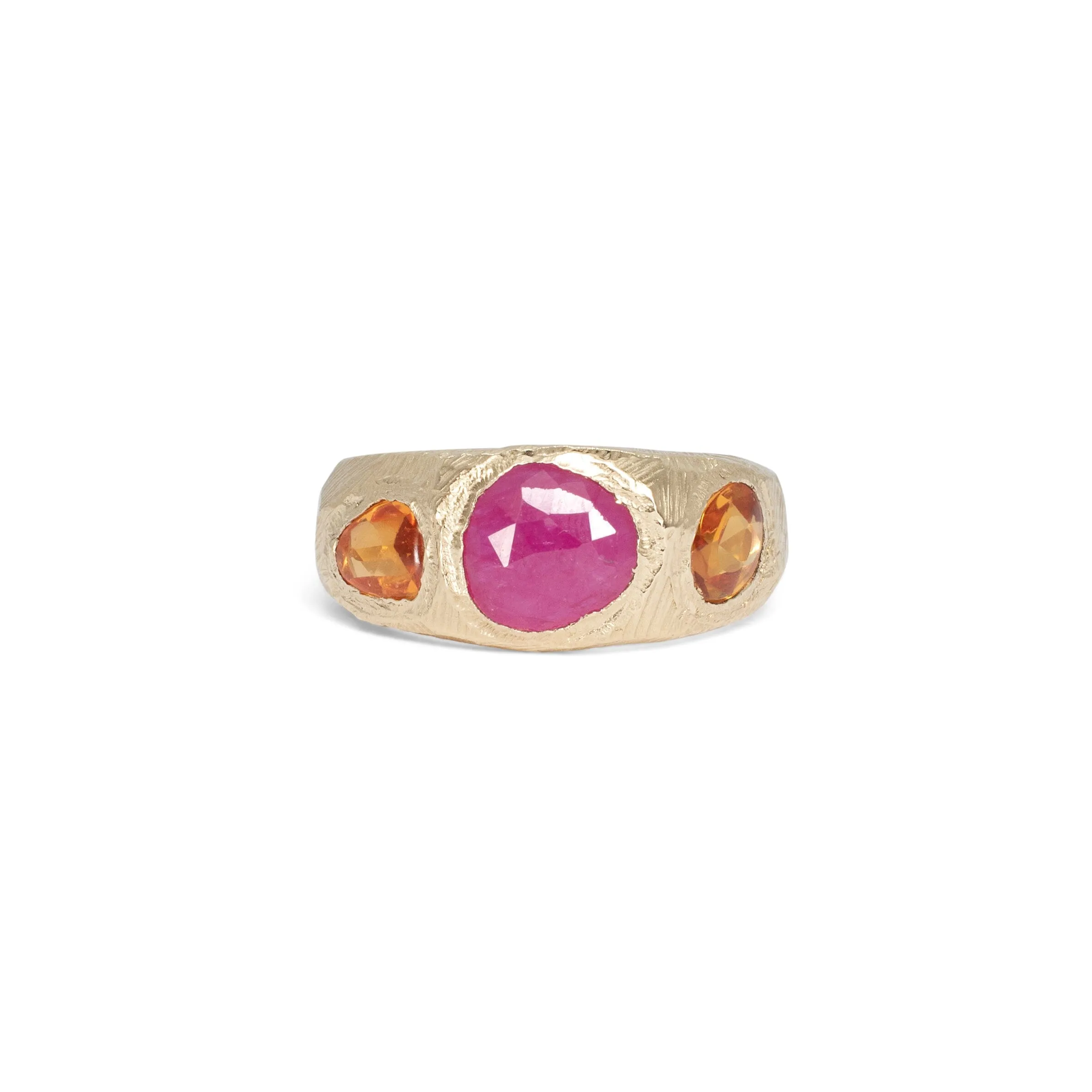 18K Three Stone Ring in Ruby and Orange Sapphire