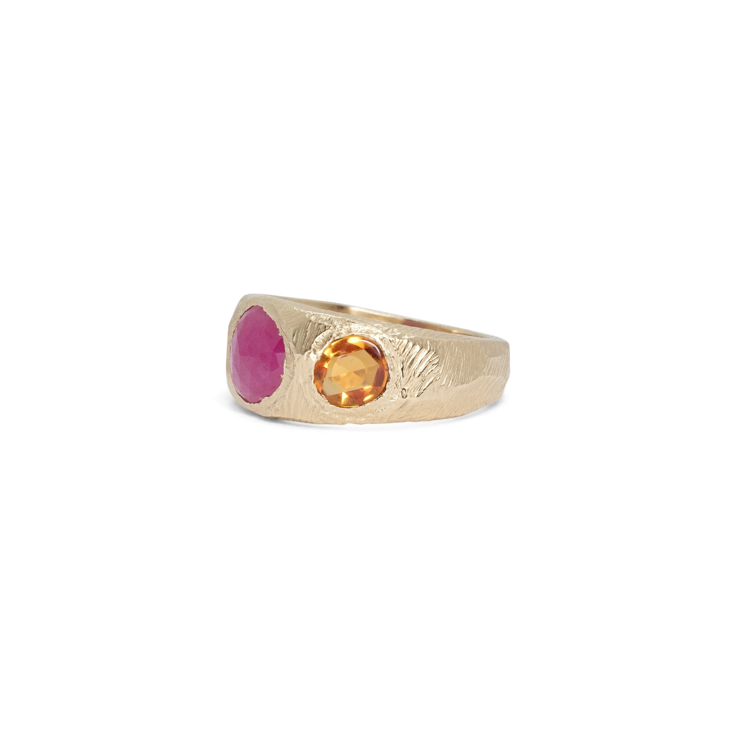 18K Three Stone Ring in Ruby and Orange Sapphire