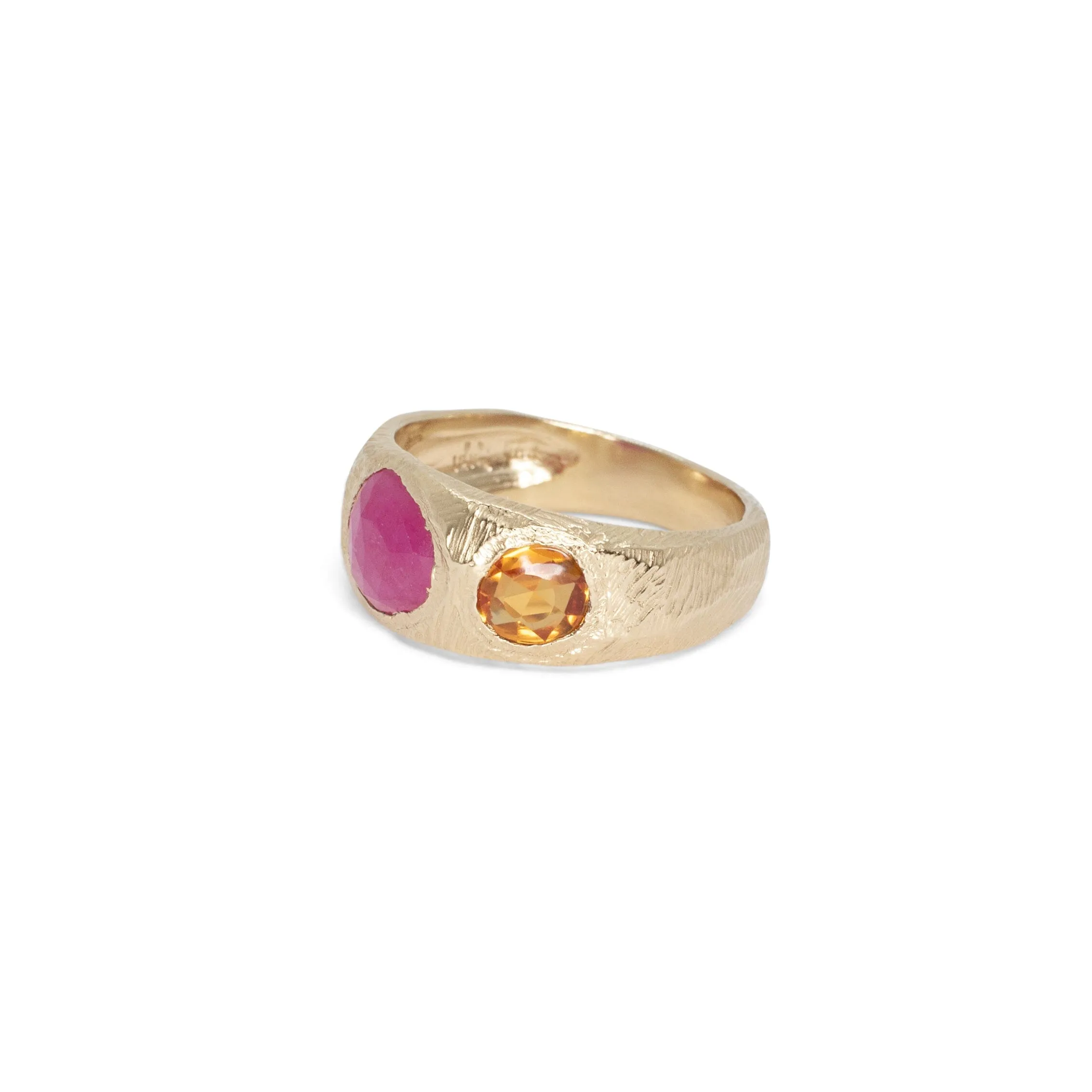 18K Three Stone Ring in Ruby and Orange Sapphire