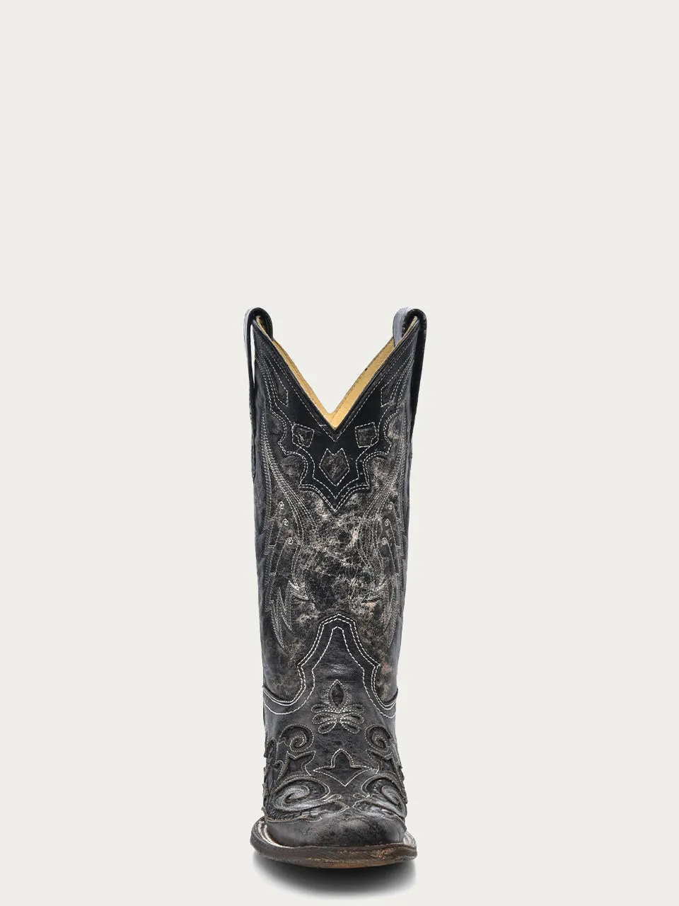 A2402 - WOMEN'S BLACK EMBROIDERY SNAKE INLAY SQUARE TOE COWBOY BOOT