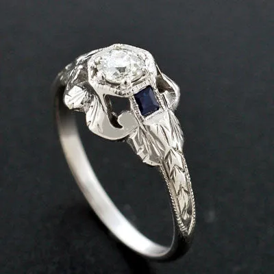 Art Deco Platinum Diamond & Sapphire Engagement Ring .24ct