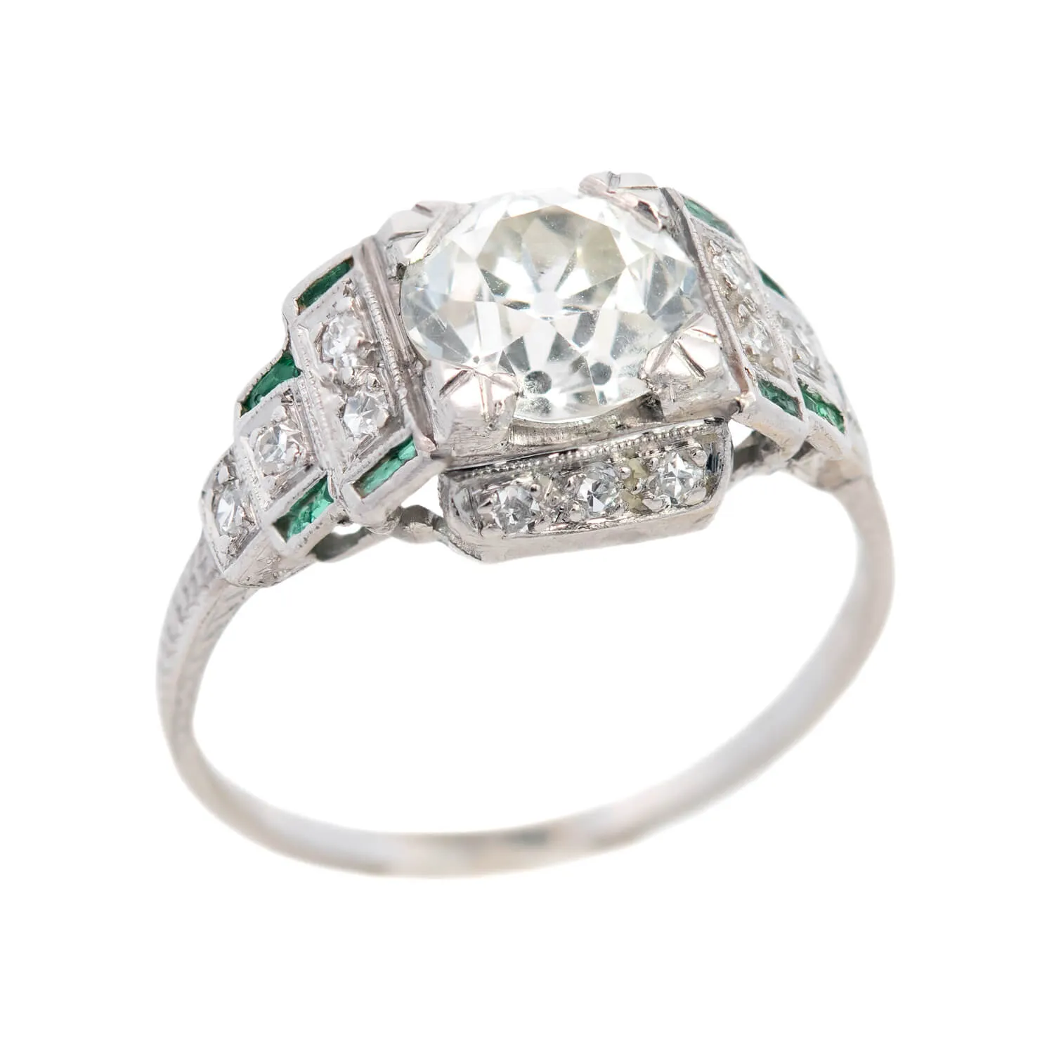 Art Deco Platinum Emerald & Diamond Step Up Engagement Ring 1.44ct