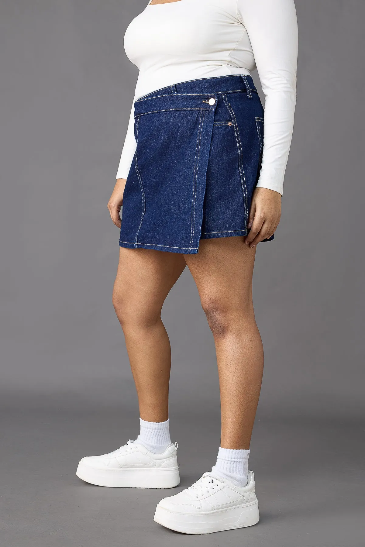 Asymmetrical Raw Curve Denim Skort