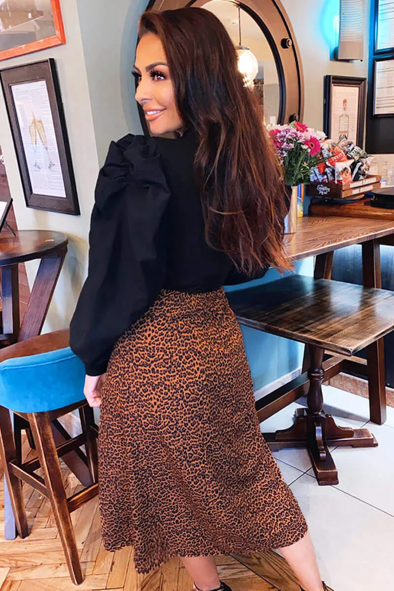 Black 2 in 1 Puff Sleeve Leopard Print Dress