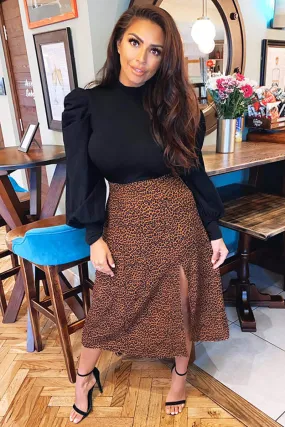 Black 2 in 1 Puff Sleeve Leopard Print Dress