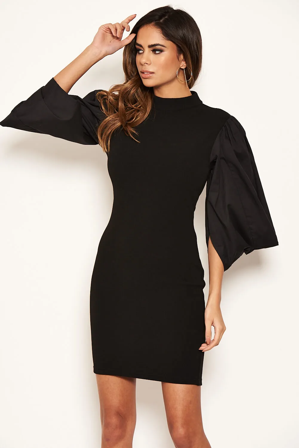 Black Batwing Puff Sleeve Bodycon Dress