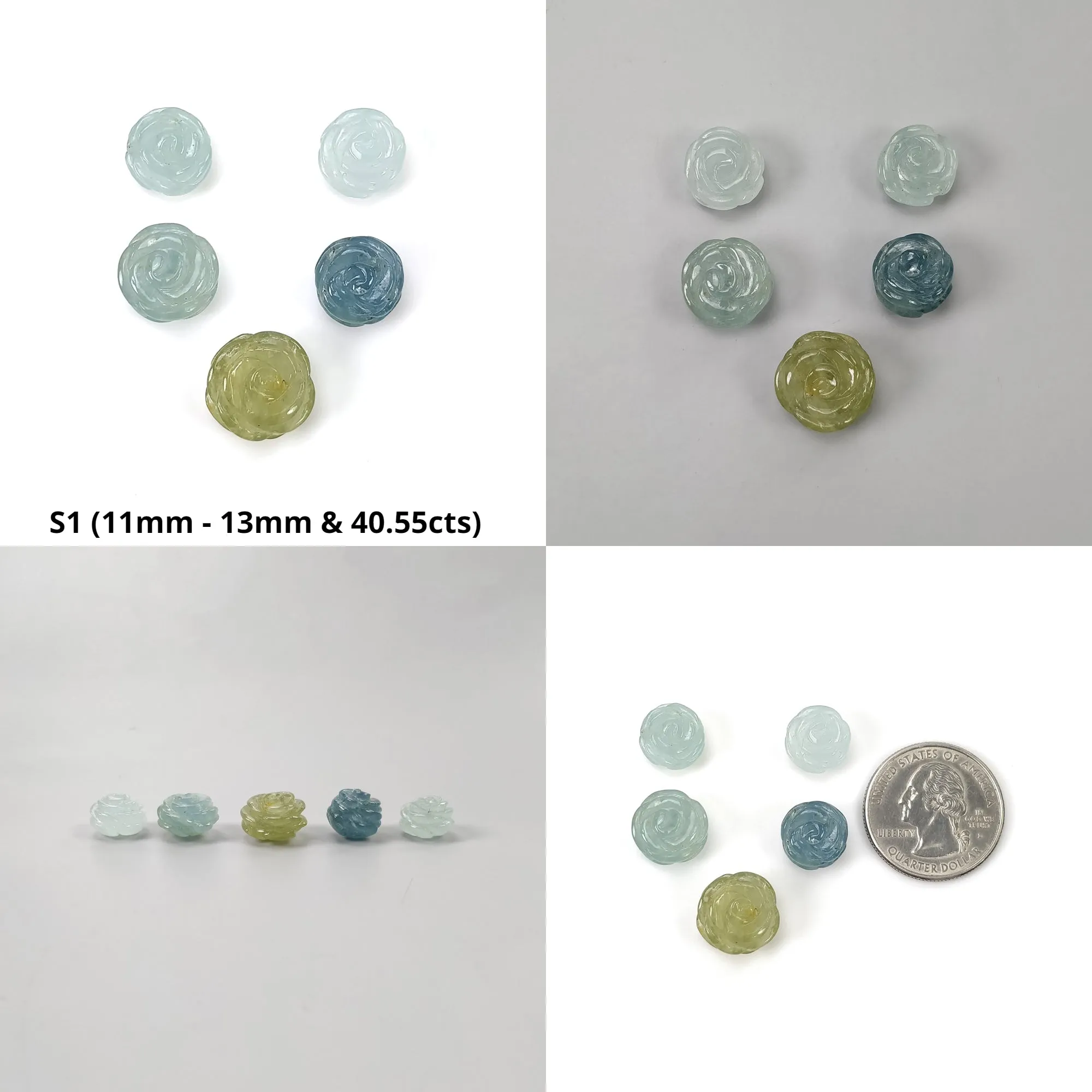 Blue Aquamarine Gemstone Carving : Natural Untreated Milky Aqua Hand Carved Round Shape Flower Sets