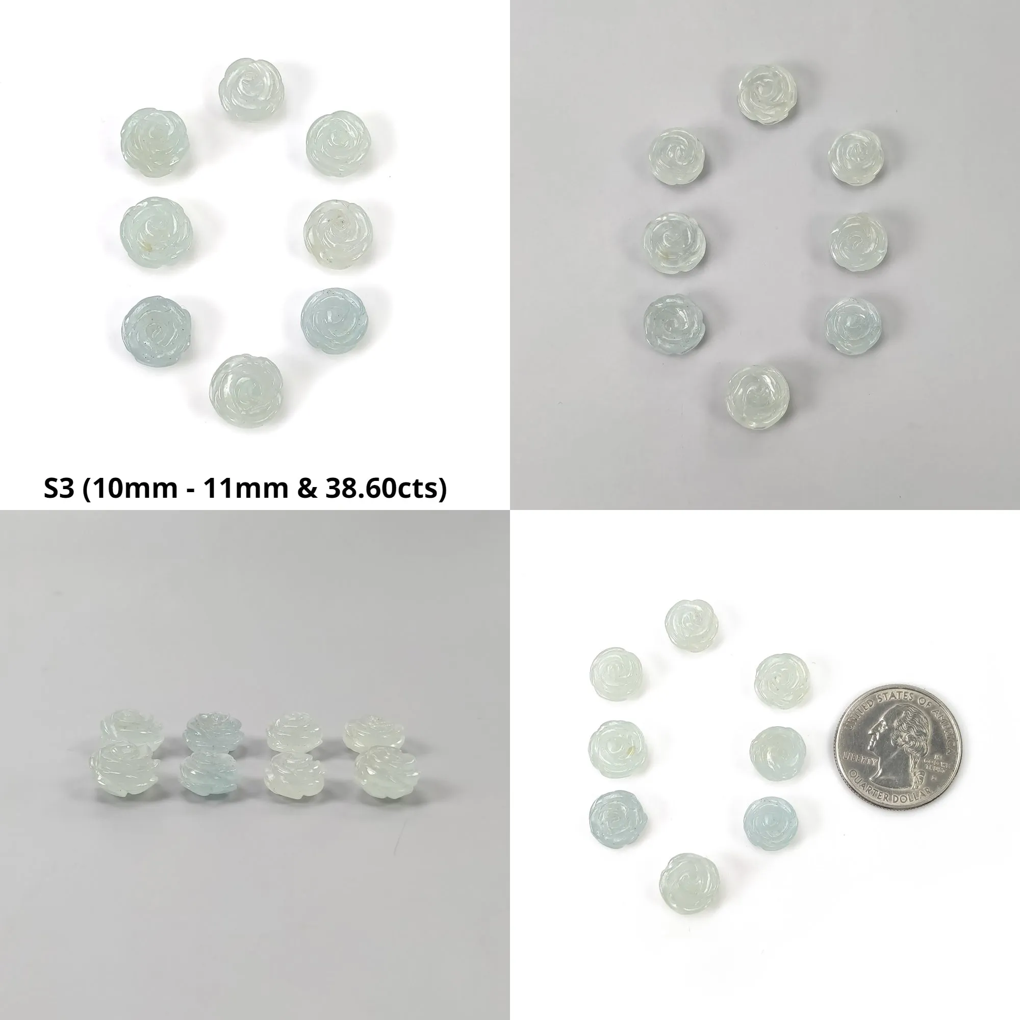 Blue Aquamarine Gemstone Carving : Natural Untreated Milky Aqua Hand Carved Round Shape Flower Sets