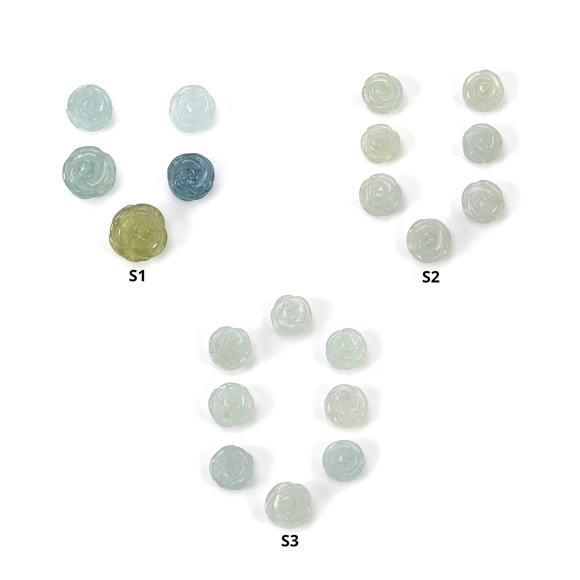 Blue Aquamarine Gemstone Carving : Natural Untreated Milky Aqua Hand Carved Round Shape Flower Sets