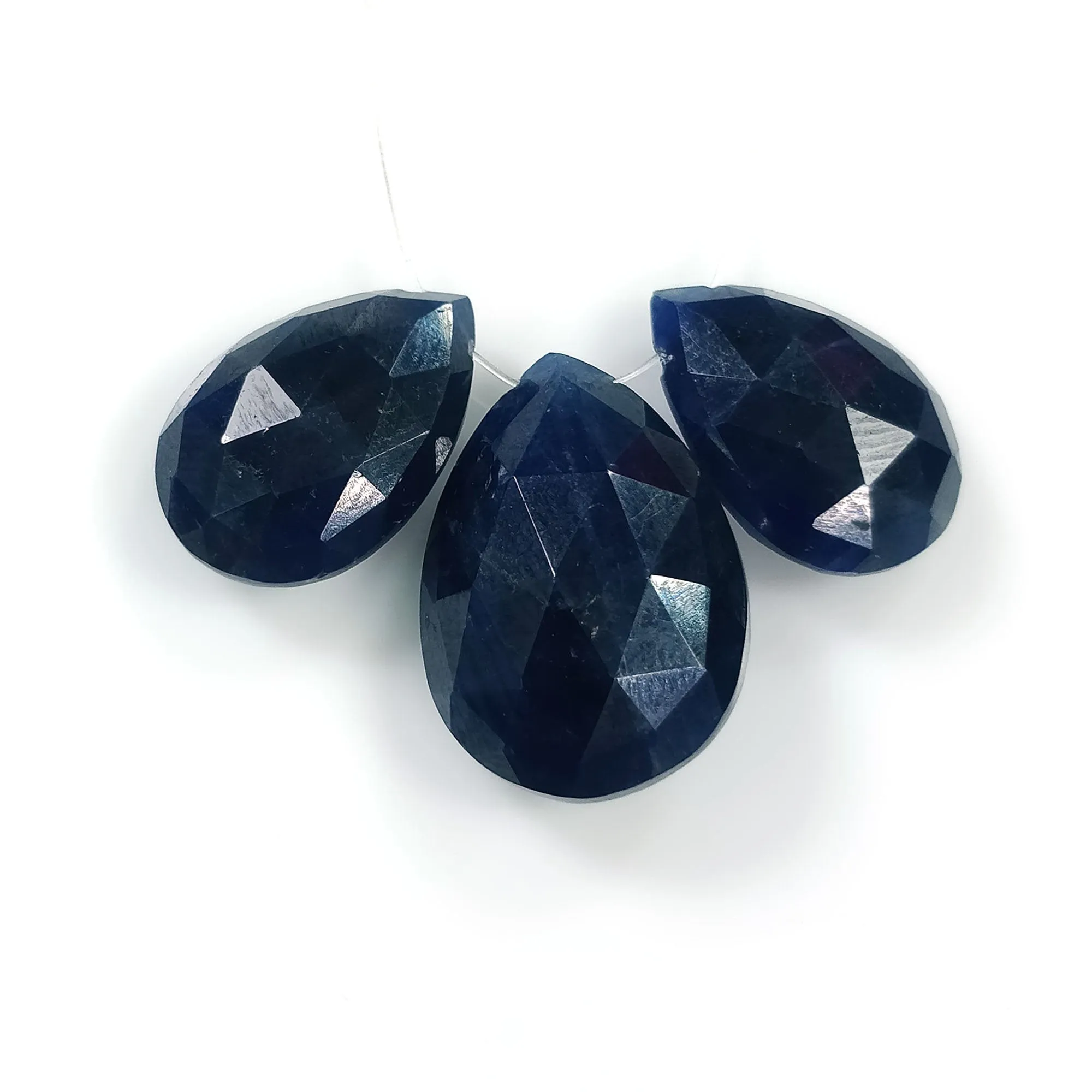 BLUE SAPPHIRE Gemstone Checker Cut : 32.40cts Natural Untreated Side To Side Drilled Pear Briolette 15*10mm - 18*13mm 3pcs (With Video)