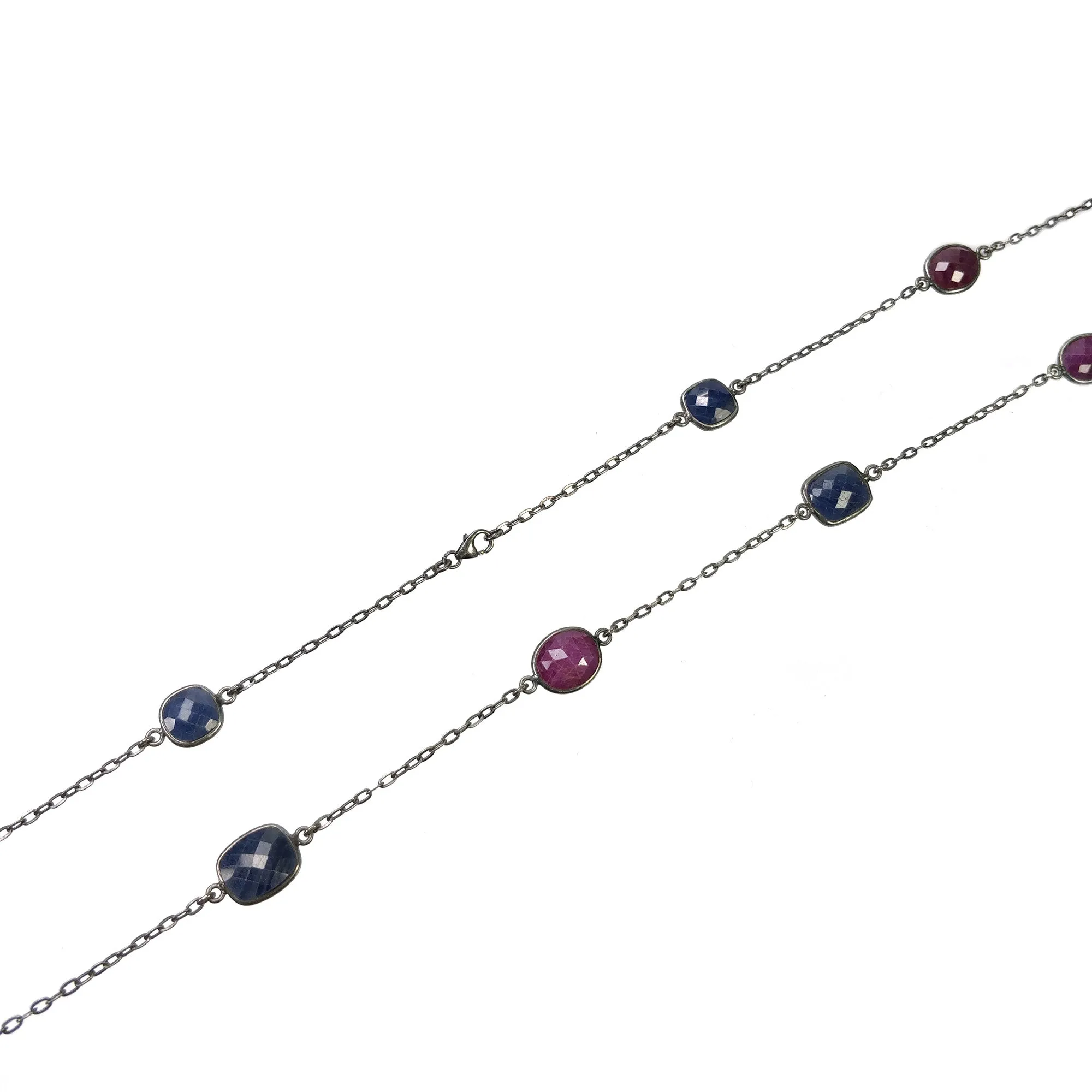 Blue SAPPHIRE Red RUBY Gemstones Chain Necklace : 925 Sterling Silver Natural Sapphire & Ruby Checker Cut 37" OXIDIZED Necklace