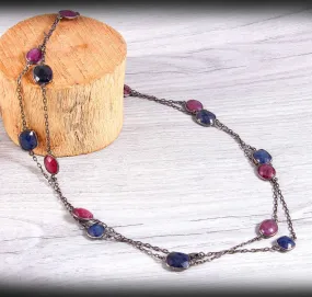 Blue SAPPHIRE Red RUBY Gemstones Chain Necklace : 925 Sterling Silver Natural Sapphire & Ruby Checker Cut 37" OXIDIZED Necklace