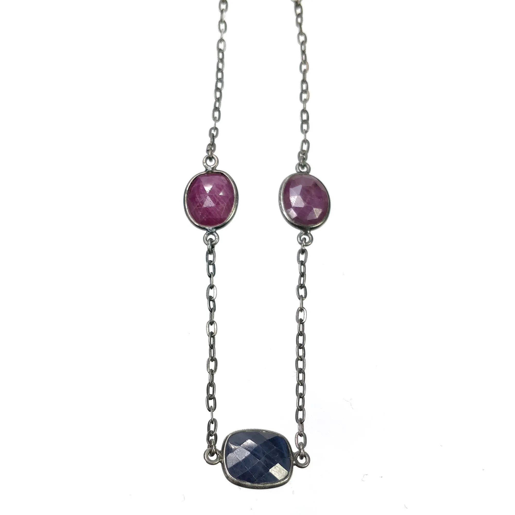 Blue SAPPHIRE Red RUBY Gemstones Chain Necklace : 925 Sterling Silver Natural Sapphire & Ruby Checker Cut 37" OXIDIZED Necklace