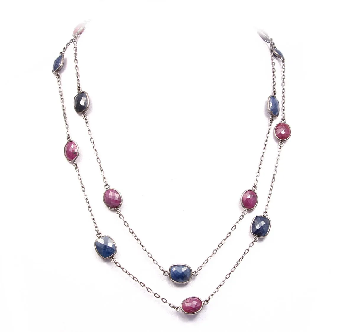 Blue SAPPHIRE Red RUBY Gemstones Chain Necklace : 925 Sterling Silver Natural Sapphire & Ruby Checker Cut 37" OXIDIZED Necklace