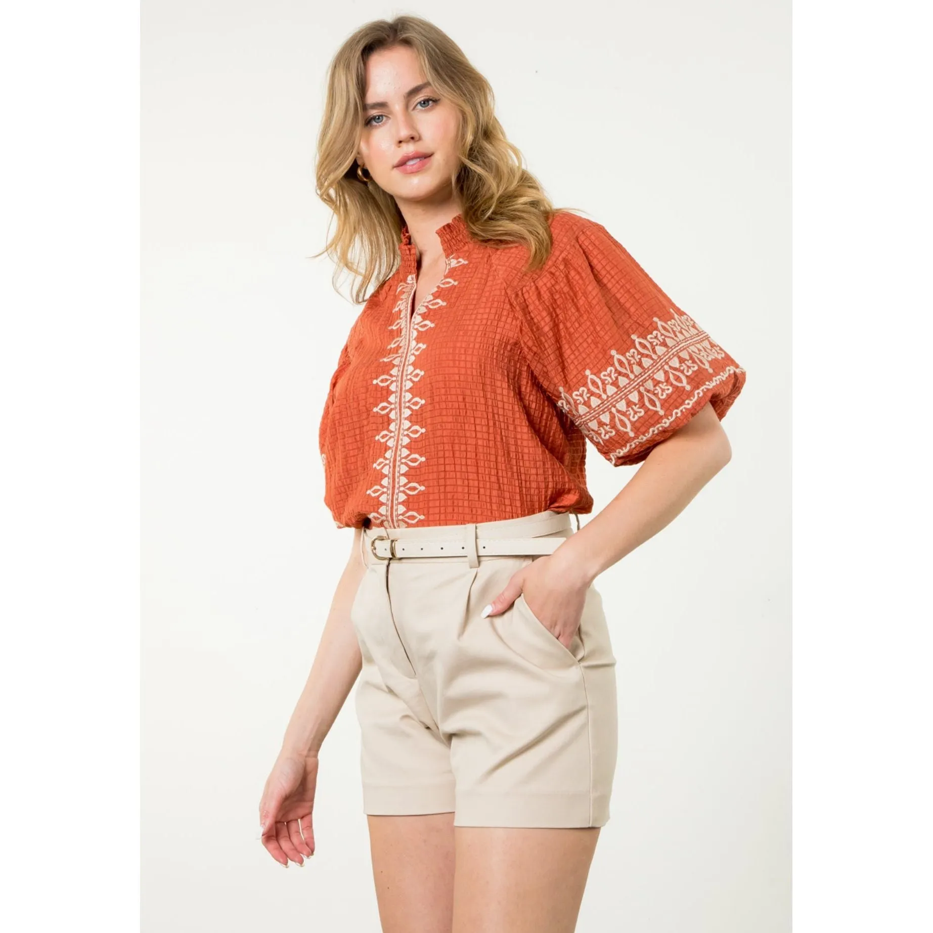 Bonnie Embroidered Puff Sleeve Detail Textured THML Top