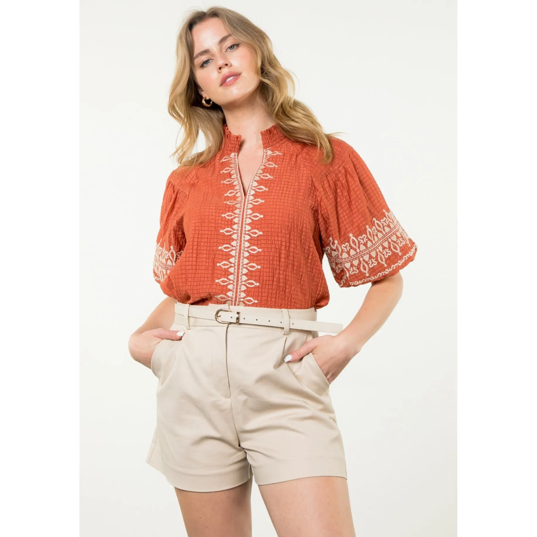 Bonnie Embroidered Puff Sleeve Detail Textured THML Top