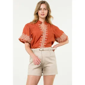 Bonnie Embroidered Puff Sleeve Detail Textured THML Top