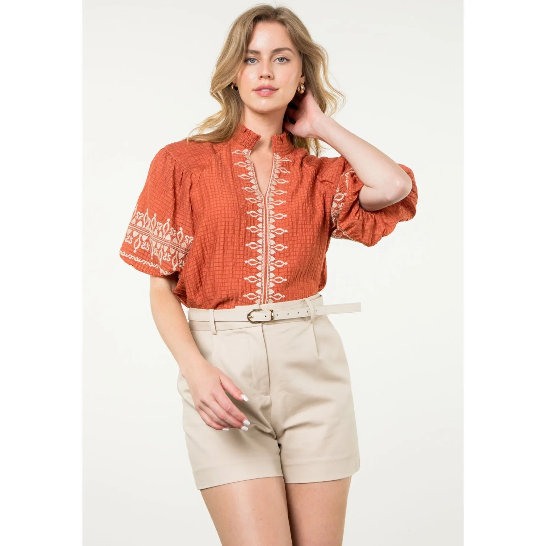 Bonnie Embroidered Puff Sleeve Detail Textured THML Top