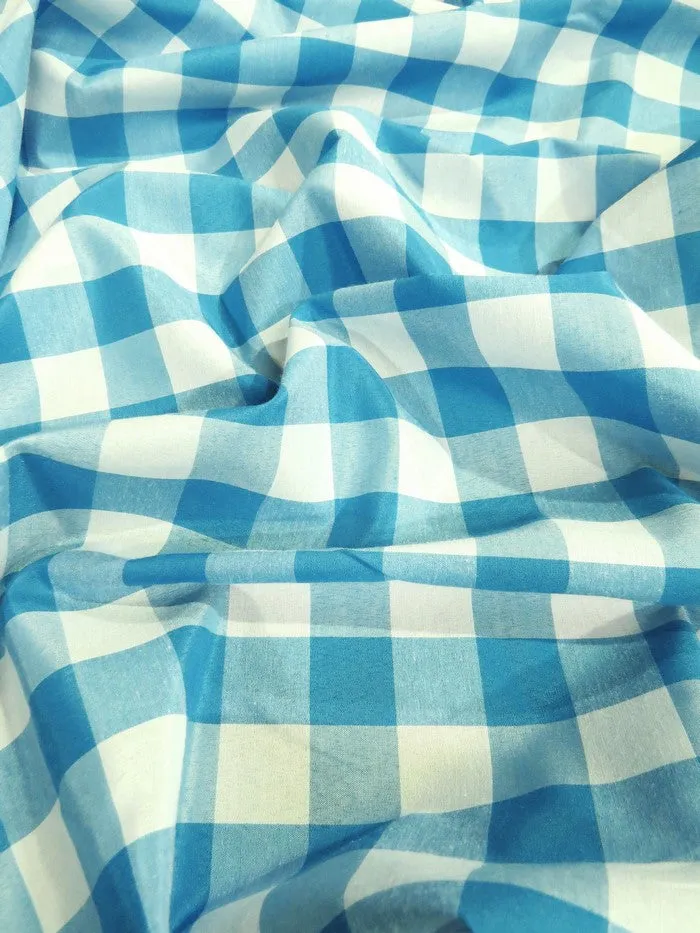 Checkered Gingham Poly Cotton Printed Fabric / Turquoise / Sold By The Yard