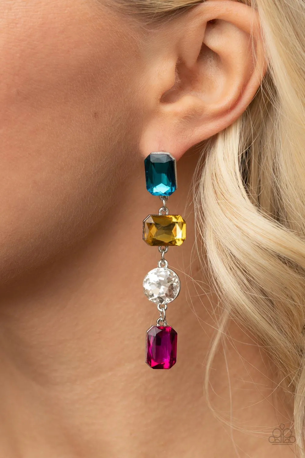 Cosmic Heiress Multi Blue Yellow and Pink Rhinestone Earrings - Paparazzi Accessories