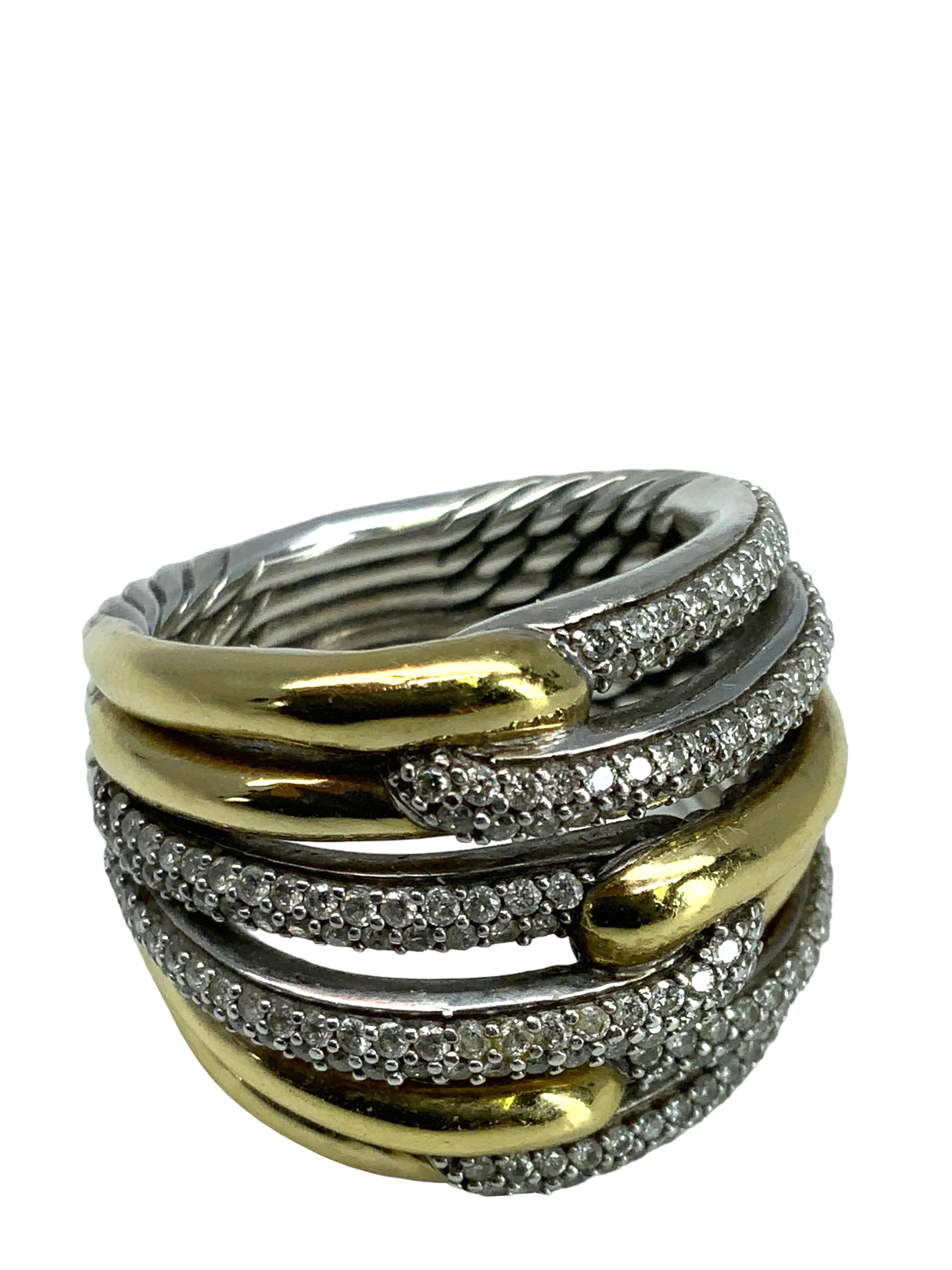 David Yurman Sterling Silver 18K Yellow Gold Diamond Triple Loop Labyrinth Ring Size 7