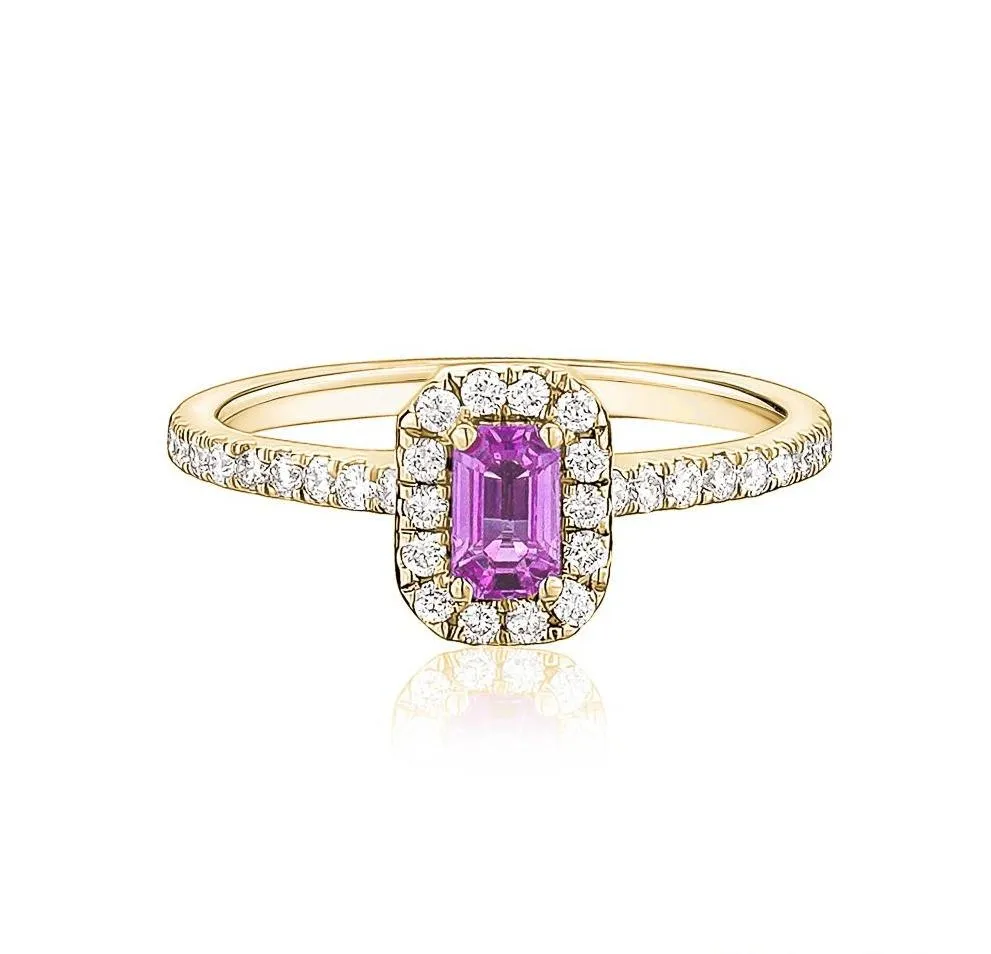 Emerald Cut Pink Sapphire Halo Ring