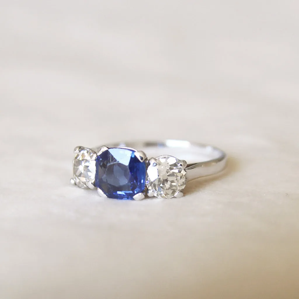 French Art Deco 1 Carat Sapphire and Old Cut Diamond Three Stone