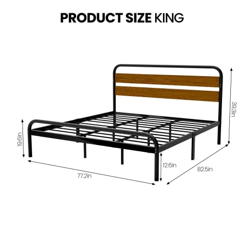 GARVEE King Size Platform Bed Frame with Wood Headboard, Heavy Duty Metal Slat Support, Noise-Free Design, Easy Installation, Light Brown, 12.6 Underbed Storage, Industrial Style