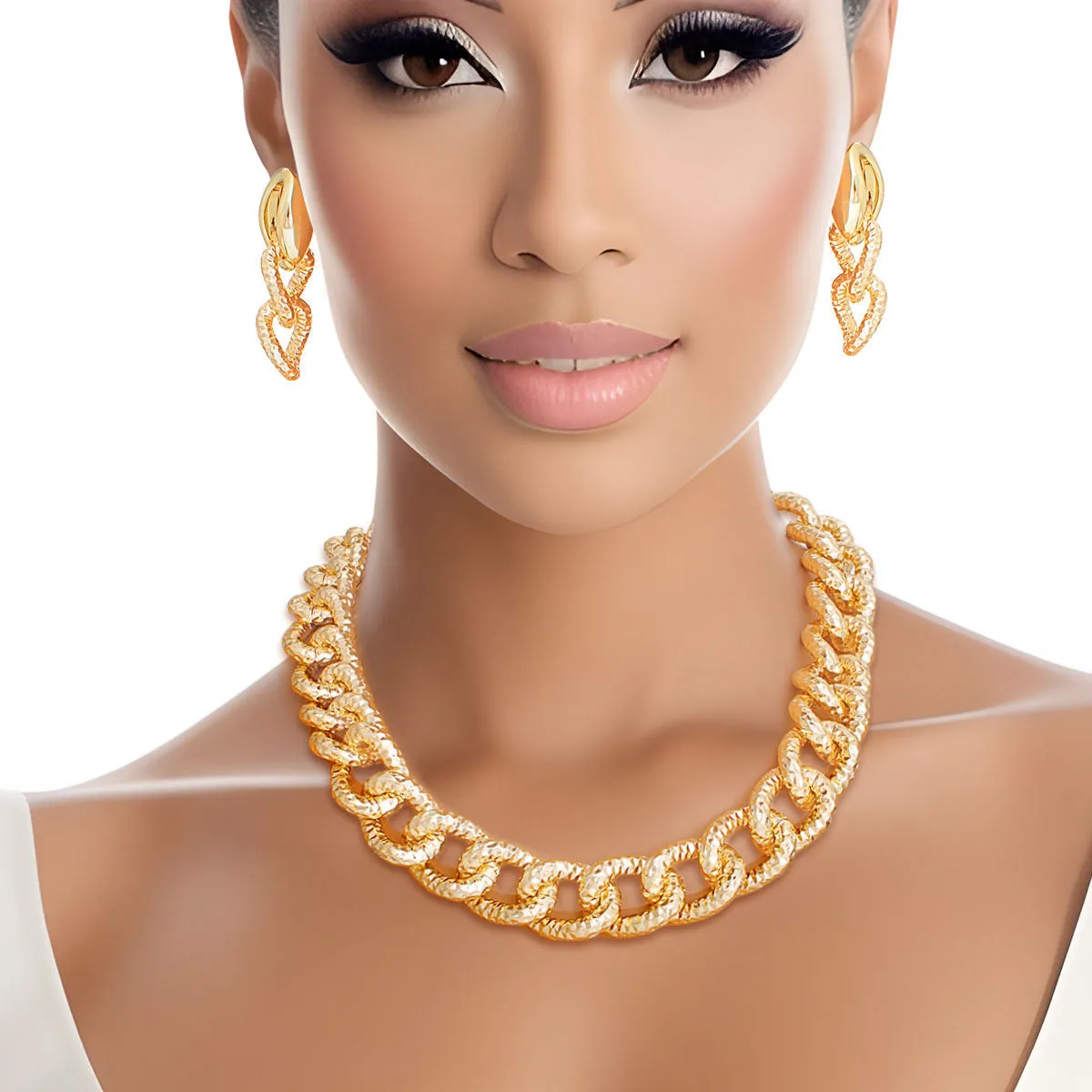 Gold Diamond Cut Link Necklace Set