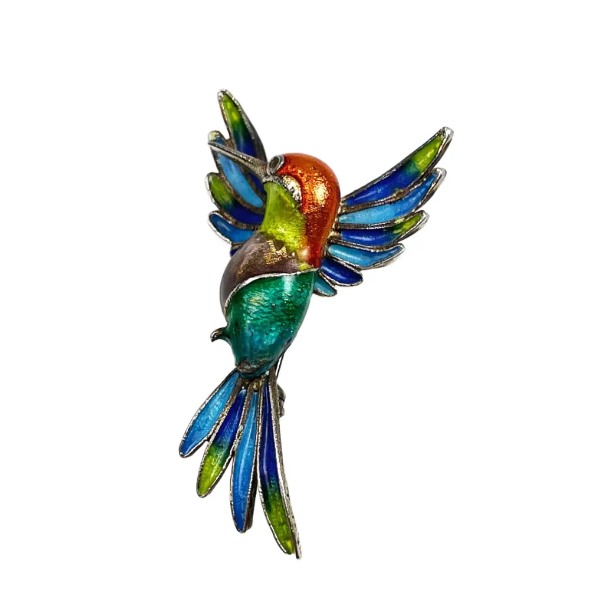 Italian Plique-á-Jour Hummingbird Brooch Enamel Sterling