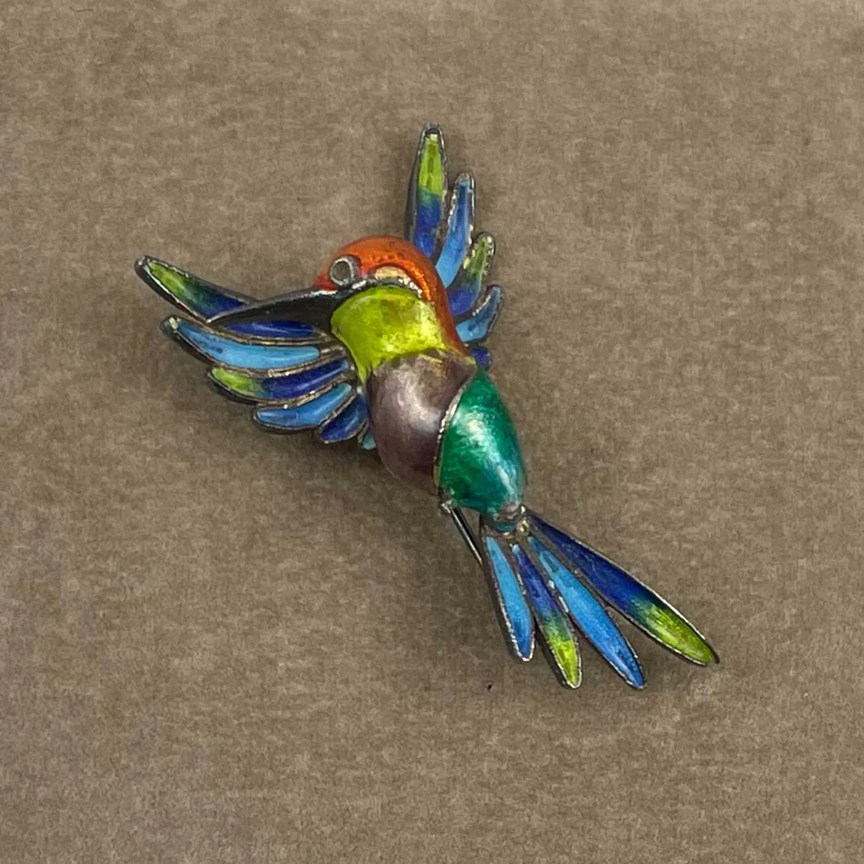 Italian Plique-á-Jour Hummingbird Brooch Enamel Sterling