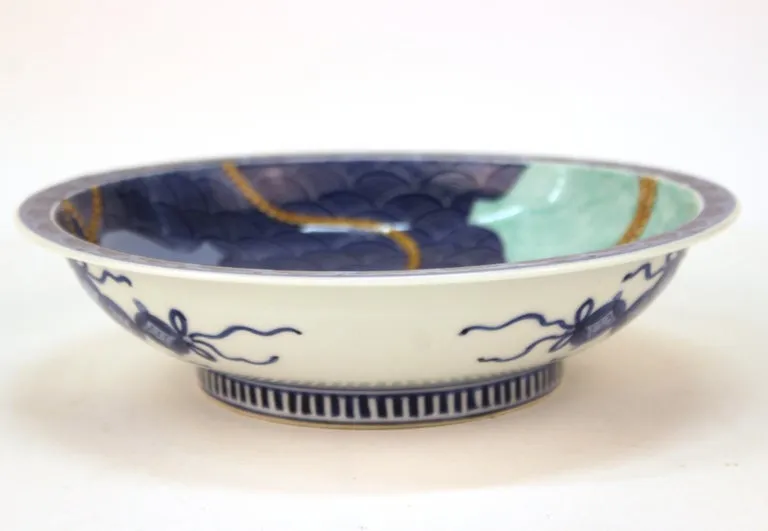 Japanese Nabashima Porcelain Blue Plate with Three Sake Bottle Motif