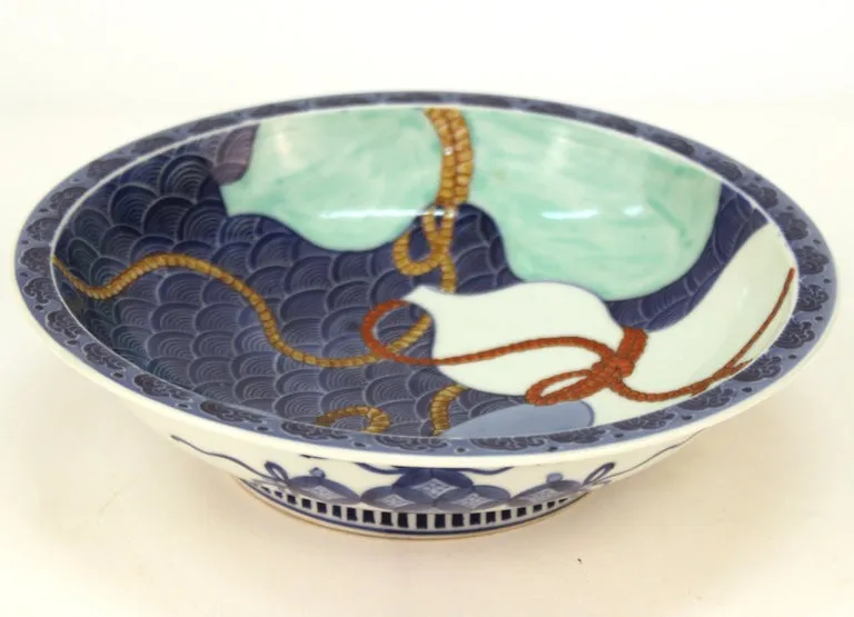 Japanese Nabashima Porcelain Blue Plate with Three Sake Bottle Motif