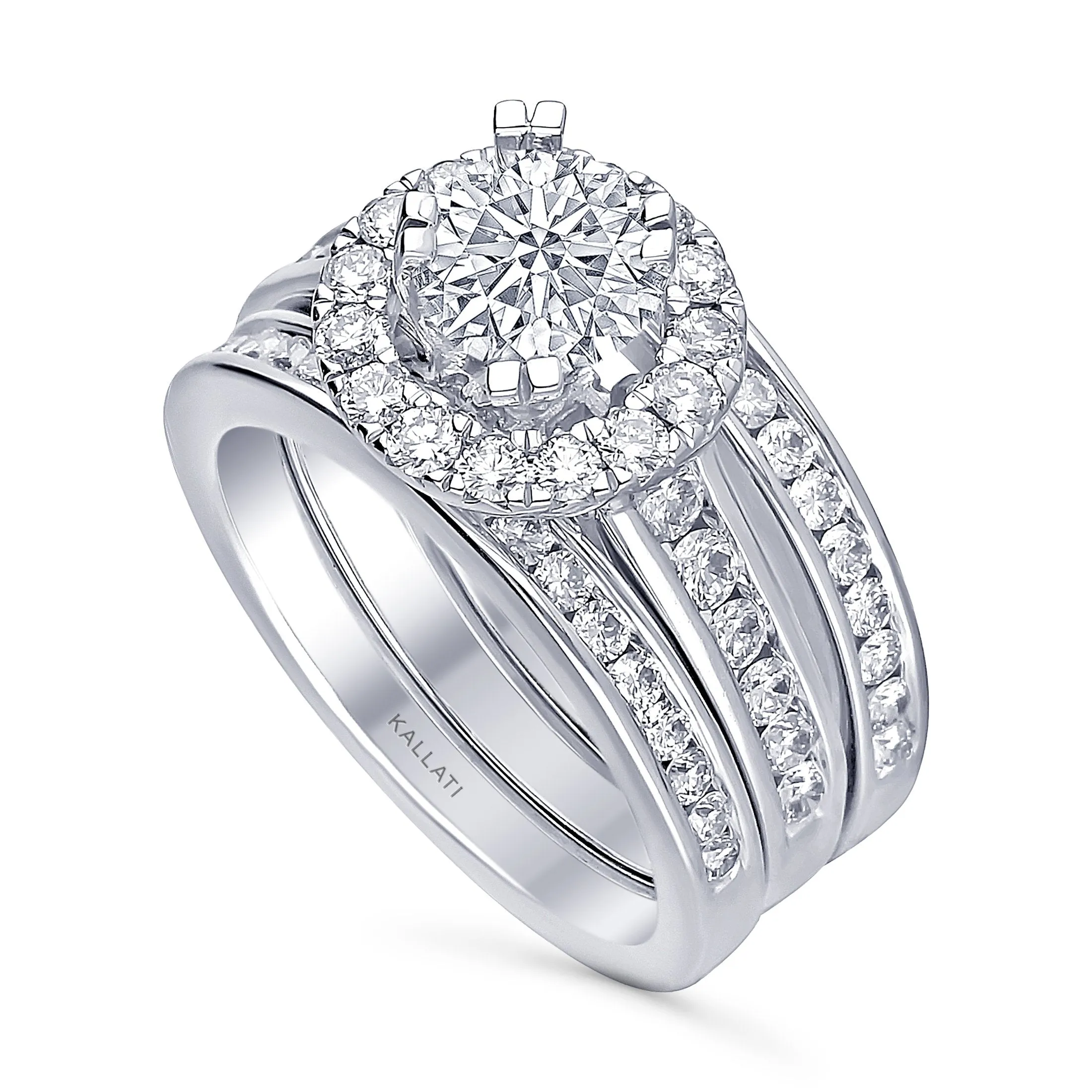 Kallati Eternal Round Halo Diamond Engagement Ring With Matching Band in 14K White Gold