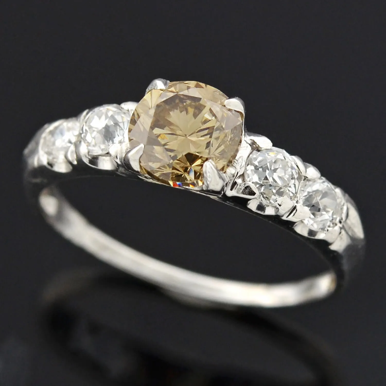 Late Art Deco Platinum Champagne Diamond Engagement Ring 1.09ct center