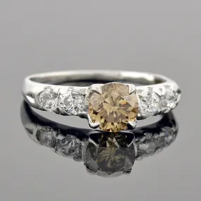 Late Art Deco Platinum Champagne Diamond Engagement Ring 1.09ct center