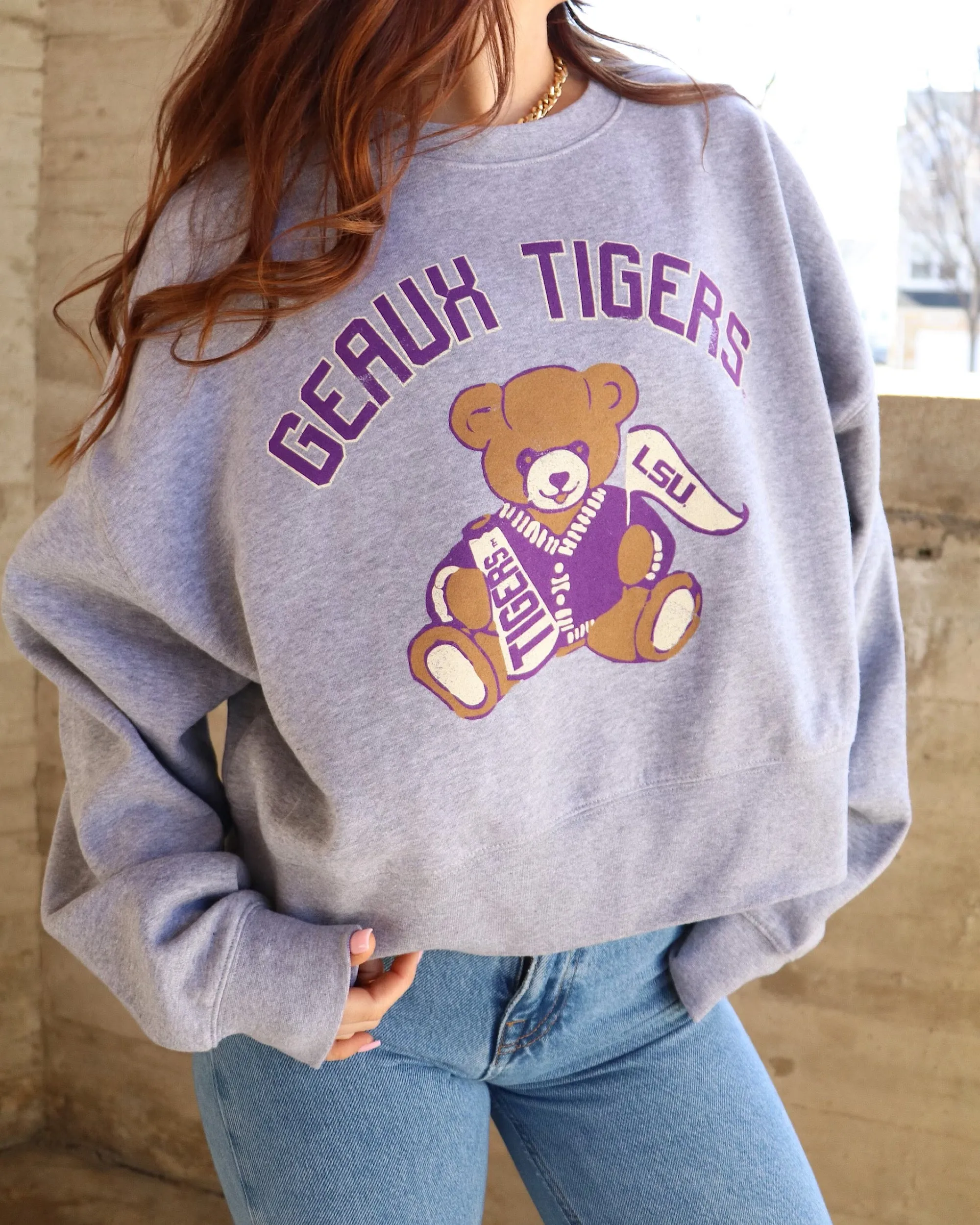 LSU Tigers Bear Gray Oversized Crew Sweatshirt