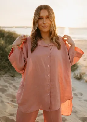 Margot Oversized Linen Shirt Dress in Old Rose