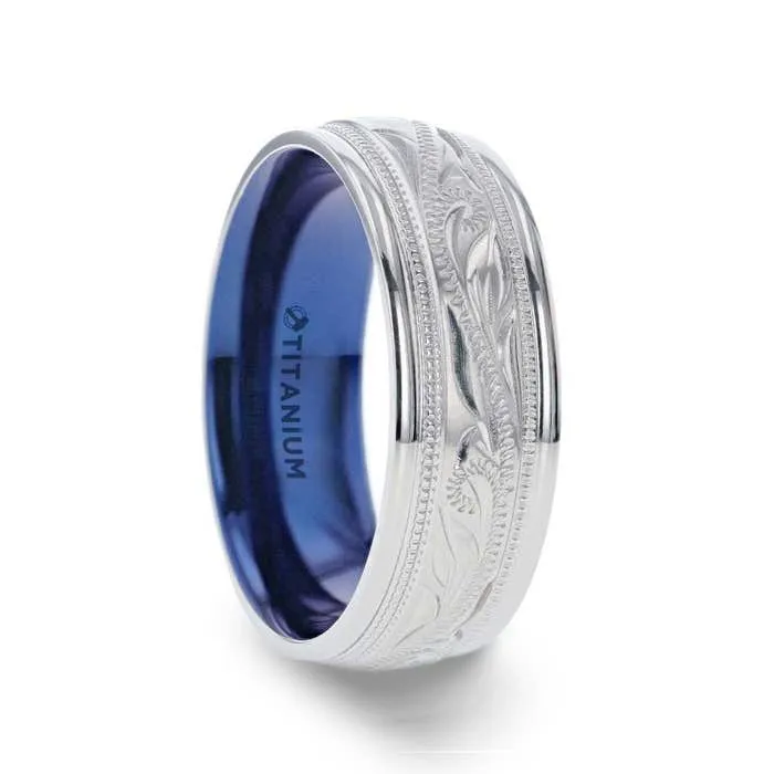 Milgrain Engraved Titanium Band with Blue Inner Plating