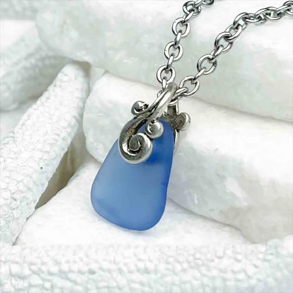 Mini Cornflower Blue Sea Glass Ocean Waves Pendant | #5167