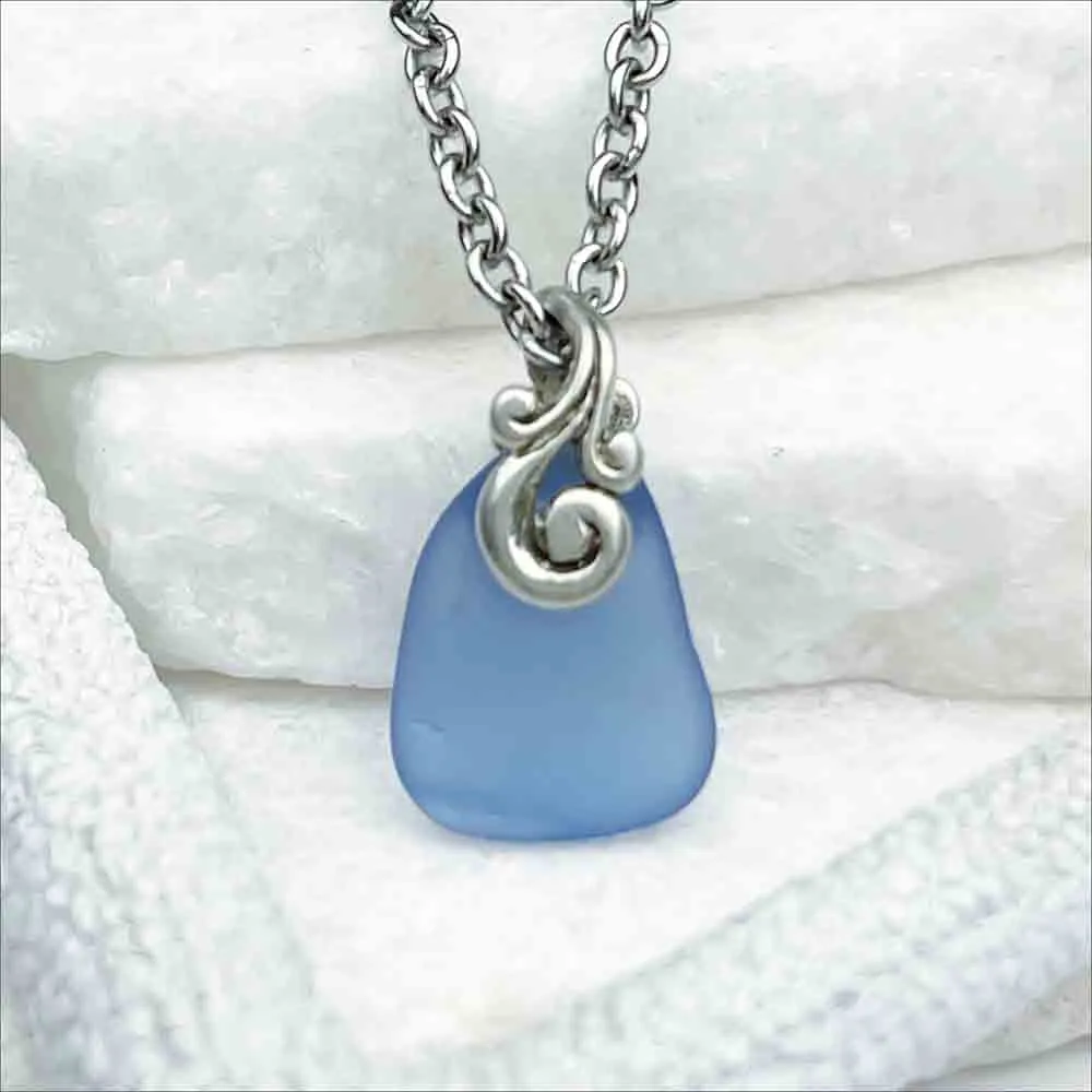 Mini Cornflower Blue Sea Glass Ocean Waves Pendant | #5167