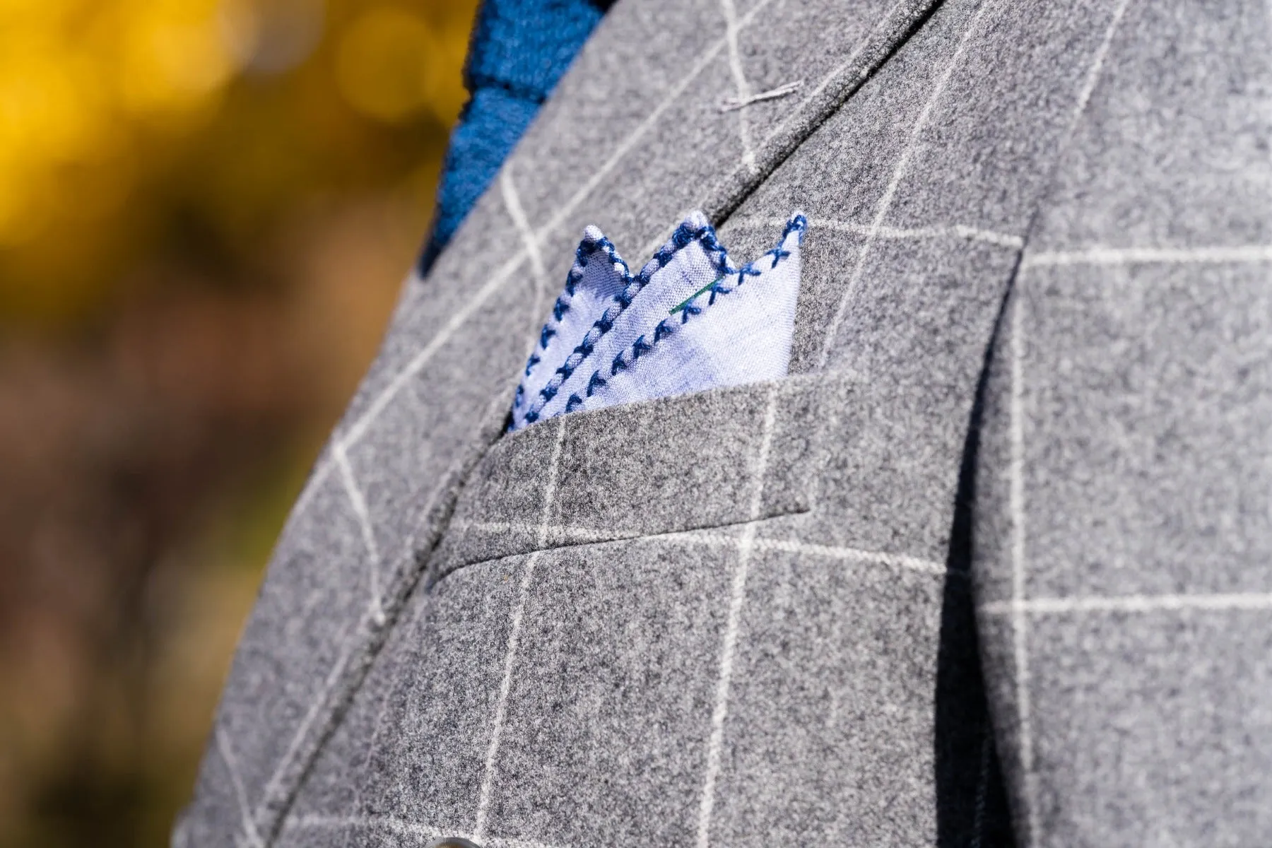 Navy Blue X-Stitch Edge Pale Blue Linen Pocket Square