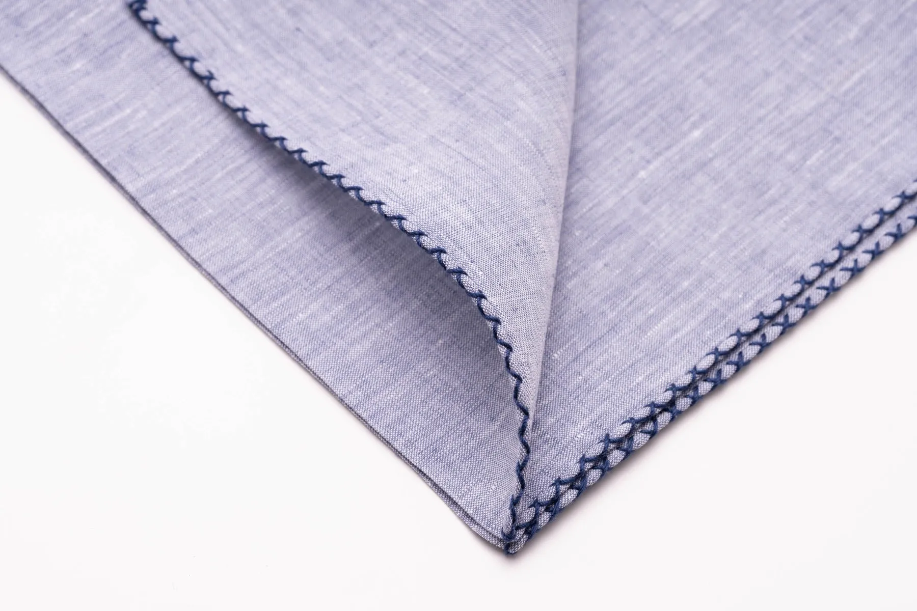 Navy Blue X-Stitch Edge Pale Blue Linen Pocket Square