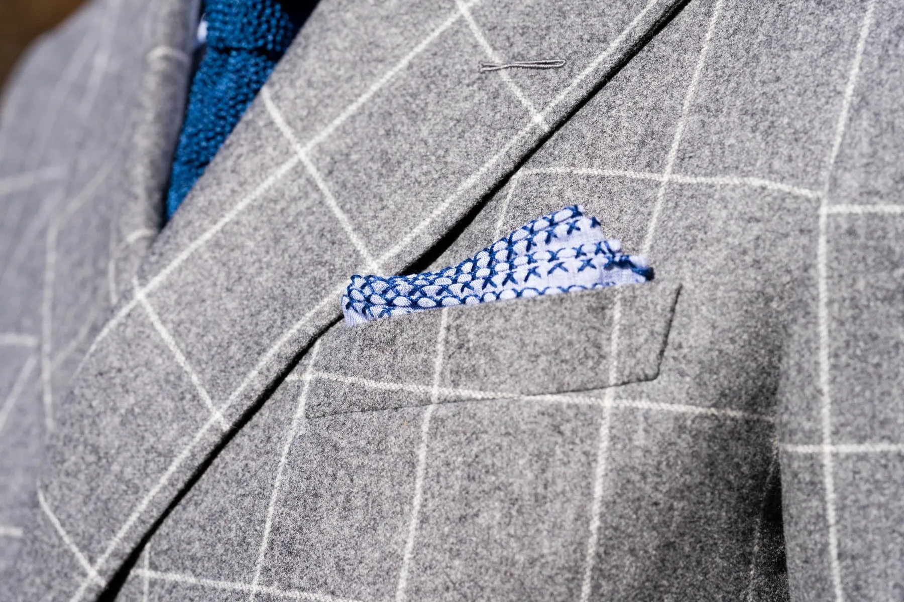 Navy Blue X-Stitch Edge Pale Blue Linen Pocket Square