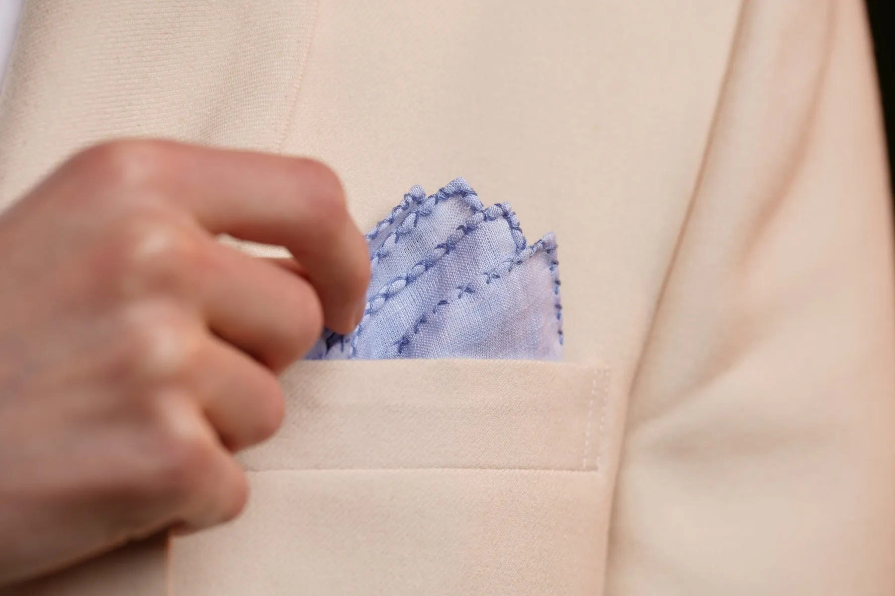 Navy Blue X-Stitch Edge Pale Blue Linen Pocket Square