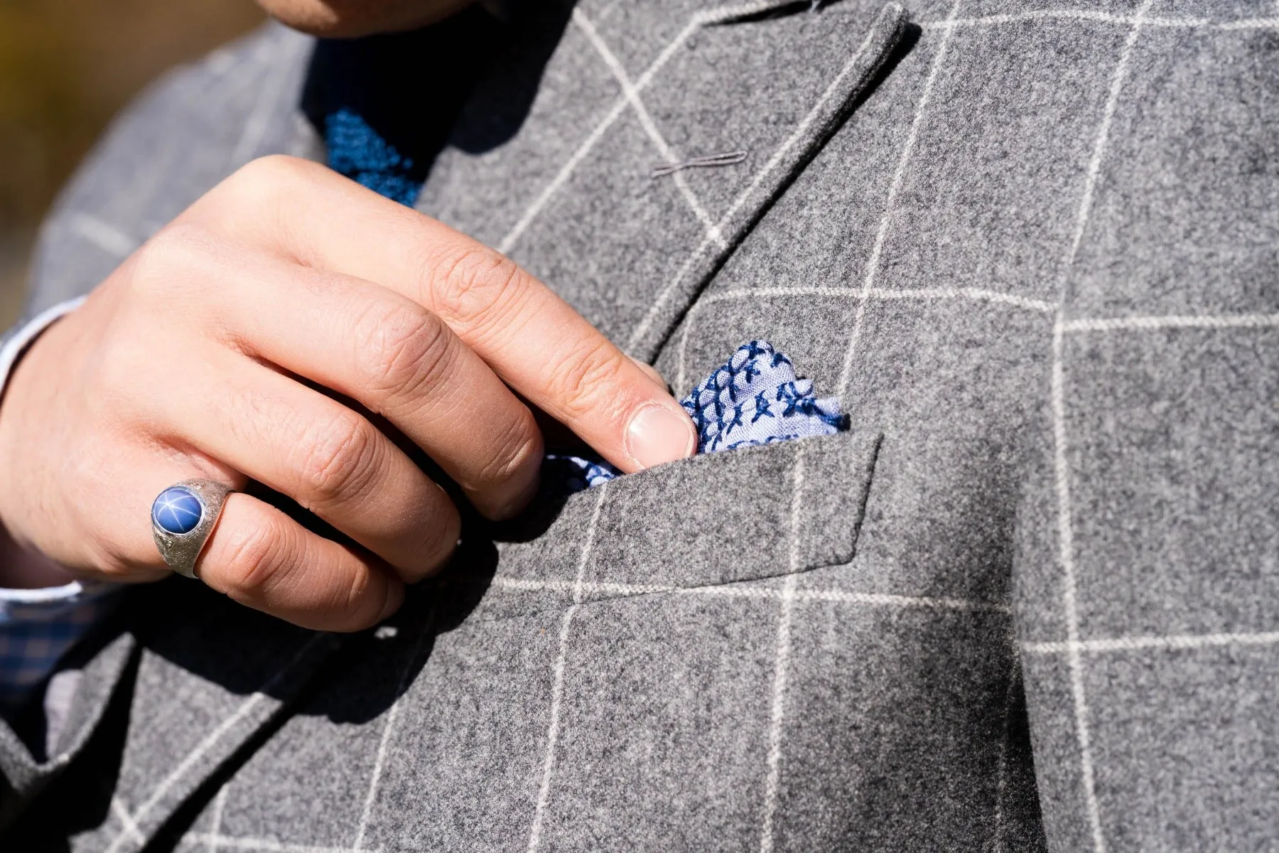 Navy Blue X-Stitch Edge Pale Blue Linen Pocket Square