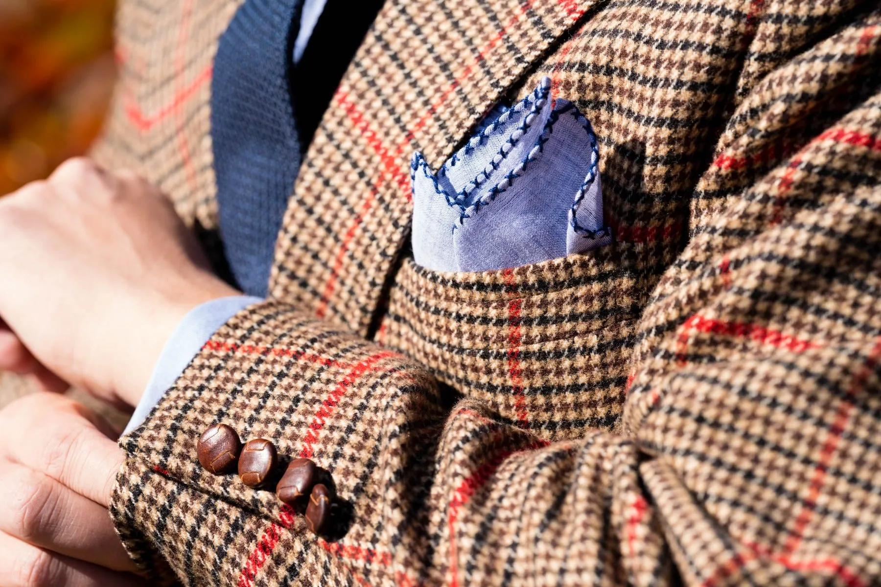 Navy Blue X-Stitch Edge Pale Blue Linen Pocket Square