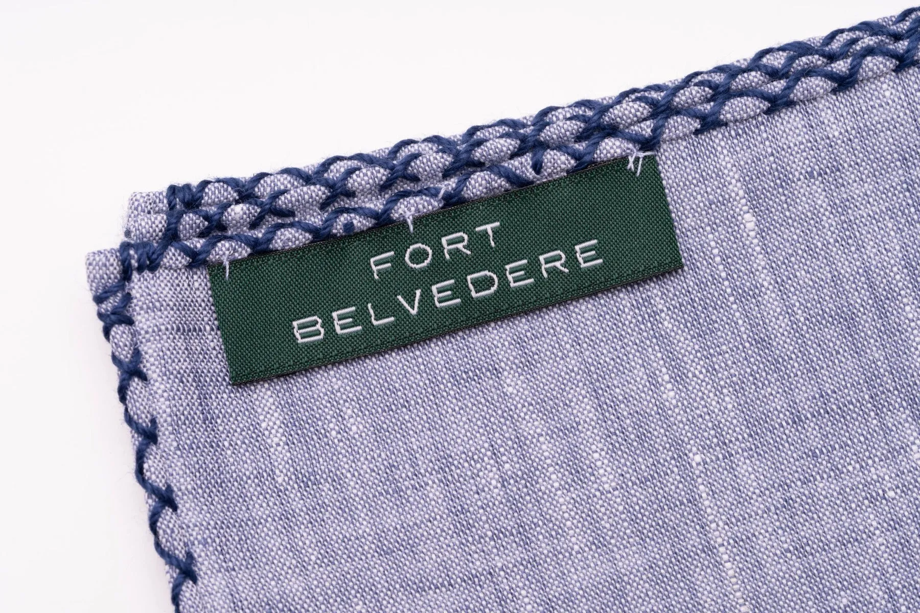 Navy Blue X-Stitch Edge Pale Blue Linen Pocket Square