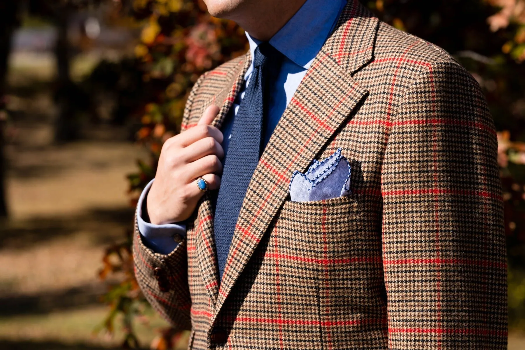 Navy Blue X-Stitch Edge Pale Blue Linen Pocket Square