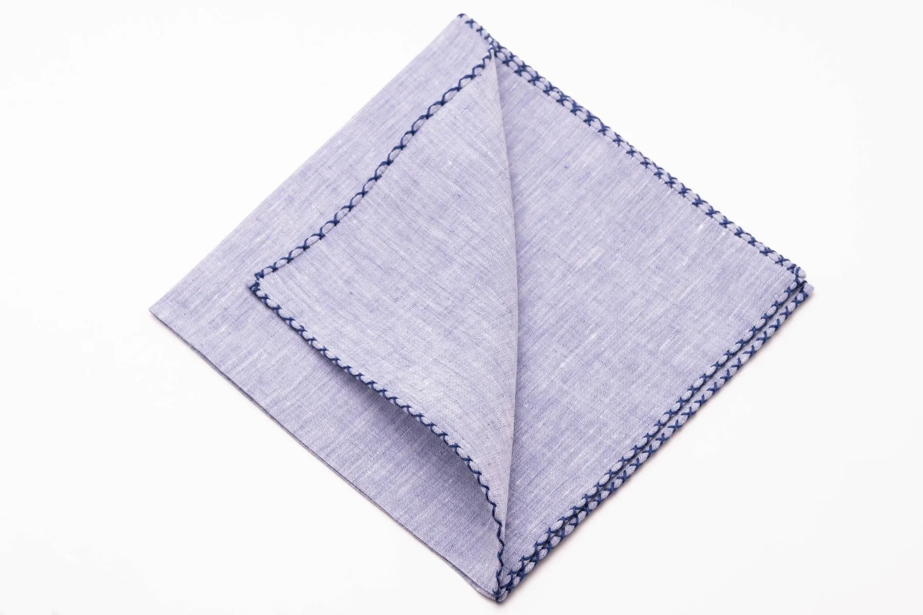 Navy Blue X-Stitch Edge Pale Blue Linen Pocket Square